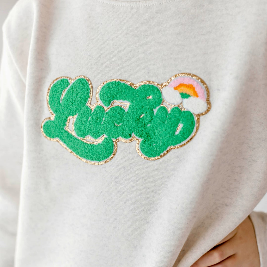 White St. Patrick Lucky Chenille Glitter Patched Graphic T Shirt