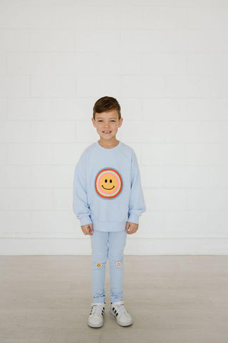 Petite Hailey Multi Smile Sweatshirt - Sky Blue, Petite Hailey, Petite Hailey, Petite Hailey Sweatshirt, Smile, Smiley, Smiley Face, Sweatshirt, Sweatshirt - Basically Bows & Bowties