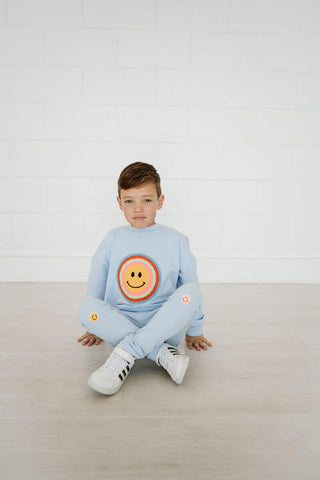 Petite Hailey Multi Smile Sweatshirt - Sky Blue, Petite Hailey, Petite Hailey, Petite Hailey Sweatshirt, Smile, Smiley, Smiley Face, Sweatshirt, Sweatshirt - Basically Bows & Bowties