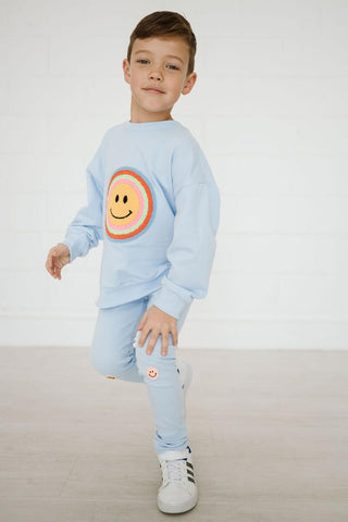 Petite Hailey Multi Smile Sweatshirt - Sky Blue, Petite Hailey, Petite Hailey, Petite Hailey Sweatshirt, Smile, Smiley, Smiley Face, Sweatshirt, Sweatshirt - Basically Bows & Bowties