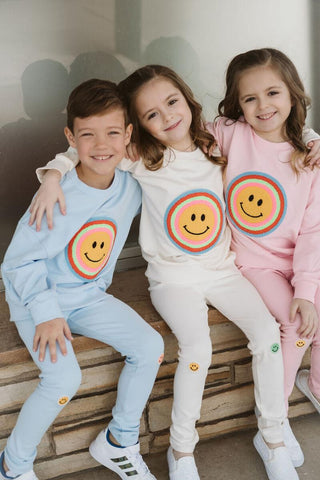 Petite Hailey Multi Smile Sweatshirt - Sky Blue, Petite Hailey, Petite Hailey, Petite Hailey Sweatshirt, Smile, Smiley, Smiley Face, Sweatshirt, Sweatshirt - Basically Bows & Bowties