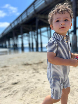 Me & Henry, Me & Henry Drift Polo Romper - Cream Blue Stripe - Basically Bows & Bowties