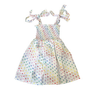 Tweenstyle Rainbow Heart Print Smocked Tie Strap Dress