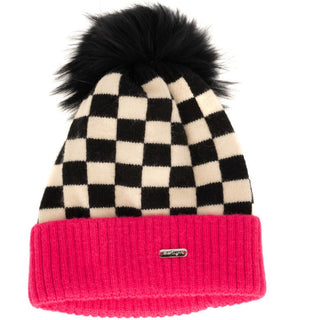 Bari Lynn Black & White Checker w/Hot Pink Cuff Pom Hat