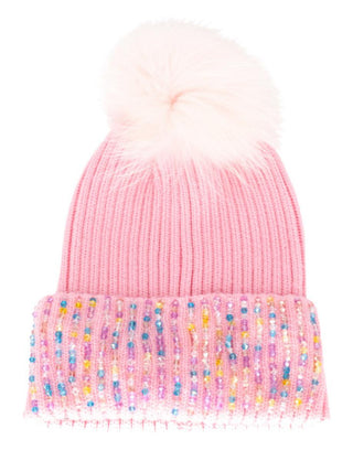 Bari Lynn Crystal Cuff Pom Hat - Pink