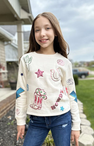 Paper Flower, Paper Flower Howdy Sequin and Embroidery Western Icon Sweatshirt - Basically Bows & Bowties