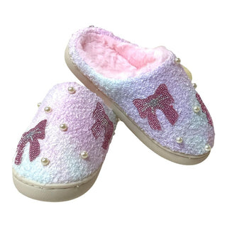 Bari Lynn Crystal Bow Patches & Pearl Pastel Tie Dye Slippers