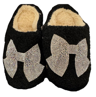 Bari Lynn Crystal Bow Patch Black Slippers - Clear Bow