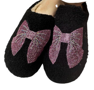 Bari Lynn Crystal Bow Patch Black Slippers - Pink Bow