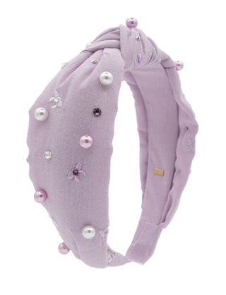 Bari Lynn Linen Embroidered Bows and Pearl Knot Headband - Lavender