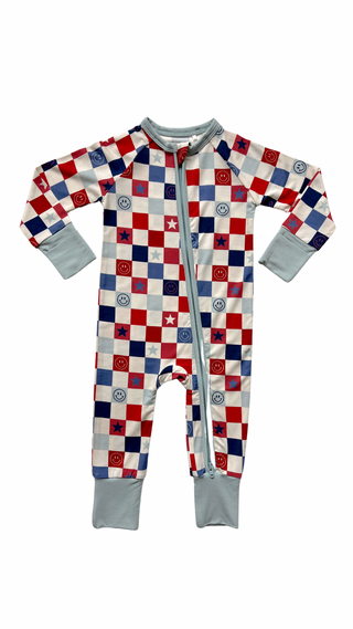 In My Jammers Blue Checkered Zipper Romper, In My Jammers, 4th of July, Bamboo, Bamboo Pajamas, Blue Checkered, cf-size-0-3-months, cf-size-3-6-months, cf-size-6-9-months, cf-size-9-12-months