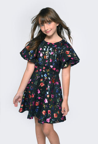 Hannah Banana Foil Flower w/Balloon Sleeves Pleated Dress, Hannah Banana, A Line Dress, cf-size-10, cf-size-4, cf-size-5, cf-size-6, cf-size-6x, cf-type-dress, cf-vendor-hannah-banana, Fall 2