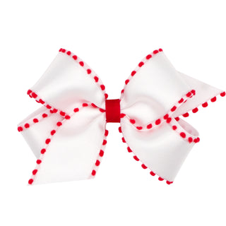 Wee Ones Medium Pom-Pom Edge Grosgrain Overlay Hair Bow on Clippie - White w/Red