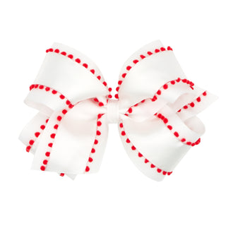 Wee Ones King Pom-Pom Edge Grosgrain Overlay Hair Bow on Clippie - White w/Red