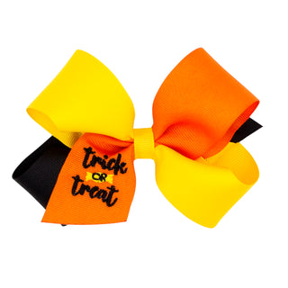 Trick or Treat Embroidered Tri-Color Grosgrain Hair Bow on Clippie, Wee Ones, Alligator Clip, Alligator Clip Hair Bow, cf-size-king, cf-size-medium, cf-type-hair-bow, cf-vendor-wee-ones, Clip