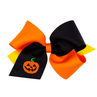 Jack O Lantern Embroidered Tri-Color Grosgrain Hair Bow on Clippie, Wee Ones, Alligator Clip, Alligator Clip Hair Bow, cf-size-king, cf-size-medium, cf-type-hair-bow, cf-vendor-wee-ones, Clip