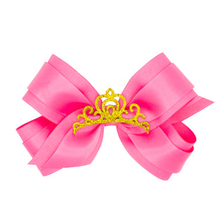 Medium Grosgrain & Satin w/Crown Hair Bow on Clippie, Wee Ones, Alligator Clip, Alligator Clip Hair Bow, cf-type-hair-bow, cf-vendor-wee-ones, Clippie, Clippie Hair Bow, Crown, Hair Bow, Hair