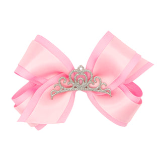 Medium Grosgrain & Satin w/Crown Hair Bow on Clippie, Wee Ones, Alligator Clip, Alligator Clip Hair Bow, cf-type-hair-bow, cf-vendor-wee-ones, Clippie, Clippie Hair Bow, Crown, Hair Bow, Hair