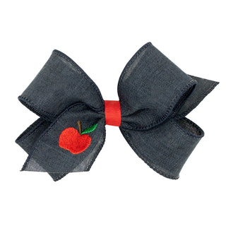 Wee Ones Apple Embroidered Navy Linen Hair Bow on Clippie