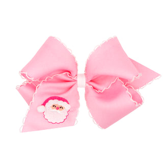 King Wee Ones Embroidered Grosgrain Hair Bow on Clippie - Santa on Pink