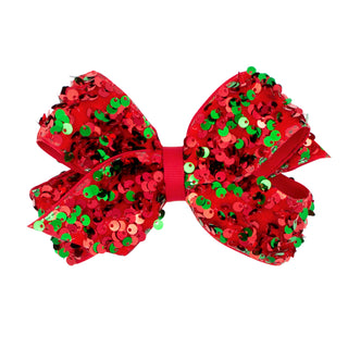 Medium Wee Ones Red Green Sequin Overlay Hair Bow on Clippie