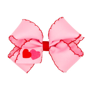 Medium Wee Ones Double Heart Embroidered Grosgrain Hair Bow on Clippie - Pearl w/ Red