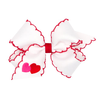 Medium Wee Ones Double Heart Embroidered Grosgrain Hair Bow on Clippie - White w/ Red