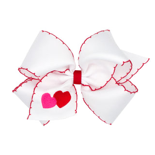 King Wee Ones Double Heart Embroidered Grosgrain Hair Bow on Clippie - White w/ Red