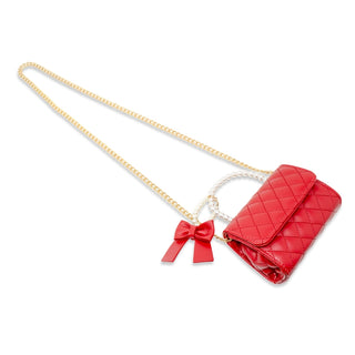 Zomi Gems Quilted Pearl Handle Bow Ribbon Handbag - Red