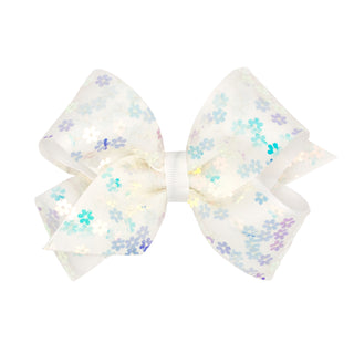 Wee Ones Sequin Flower Tulle Overlay Bow on Clippie - White