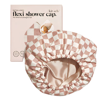 Kitsch Satin Lined Flexi Shower Cap - Terracotta Checker