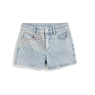 Tractr Girls Rainbow Crystal High Rise Shorts, Tractr, cf-size-12, cf-size-14, cf-type-shorts, cf-vendor-tractr, Crystal, Denim Shorts, High Rise, Rainbow, Rhinestone Shorts, Shorts, Tractr, 