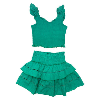 FBZ Green Linen Eyelet Tiered Skort