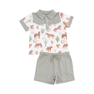 Angel Dear Cowboy Polo Shirt & Short Set - Western Horses