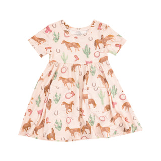 Angel Dear Twirly Short Sleeve Dress - Western Horses Pink