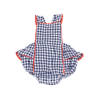 Angel Dear Muslin Ric Rac Ruffle Sunsuit - Navy Gingham