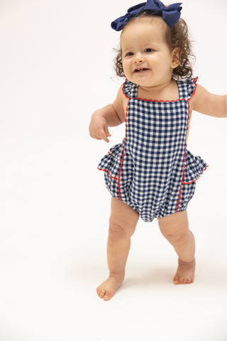 Angel Dear Muslin Ric Rac Ruffle Sunsuit - Navy Gingham