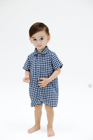 Angel Dear Muslin Button Down Polo Shortie - Navy Gingham