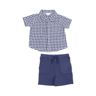 Angel Dear Button Down Polo & French Terry Shorts - Blue Gingham