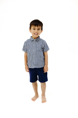 Angel Dear Button Down Polo & French Terry Shorts - Blue Gingham