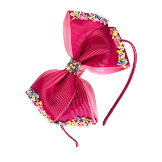 Bari Lynn Grosgrain Sprinkle Bow with Crystals on Headband - Fuchsia