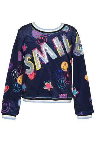 Baby Sara Smile Sequin Patch Detail L/S Navy Top, Baby Sara, Baby Sara, Baby Sara Long Sleeve Top, cf-size-4, cf-size-5, cf-size-6, cf-size-6x, cf-type-top, cf-vendor-baby-sara, Fall 2023, GB