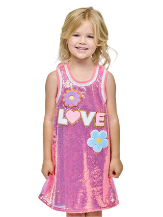 Baby Sara A-Line Sequin Dress with Love and Flower Trims