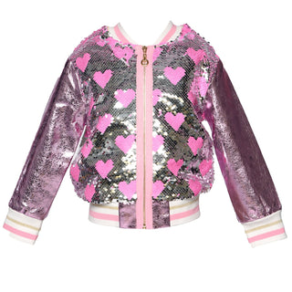 Baby Sara Heart Sequin w/Metallic Faux Leather Contrast Bomber Jacket