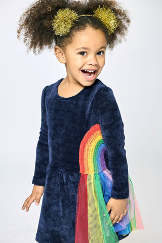 Baby Sara Rainbow Trim L/S Navy Sweater Dress, Baby Sara, Baby Sara, Baby Sara Dress, cf-size-2t, cf-size-3t, cf-size-4, cf-size-4t, cf-size-5, cf-size-6, cf-size-6x, cf-type-dress, cf-vendor