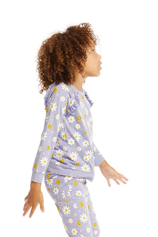 Chaser Smiley Daisies Long Sleeve Ruffle Top, Chaser, cf-size-5, cf-size-6, cf-size-8, cf-type-shirts-&-tops, cf-vendor-chaser, Chaser, Chaser Kids, Chaser Sweatshirt, Daisies, Daisy, Smiley 