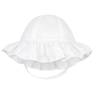 WeeOnes Reversible Ruffle Brim Sun Hat with Straps - White Seersucker