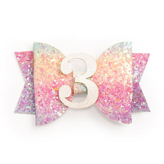 Sweet Wink Pastel Rainbow #3 Birthday Glitter Bow Clip, Sweet Wink, 3rd Birthday, Birthday Hair Bow, cf-type-hair-accessories, cf-vendor-sweet-wink, Happy Birthday, Rainbow, Sweet Wink, Sweet