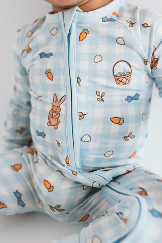 In My Jammers Blue Gingham Bunny Zipper Romper