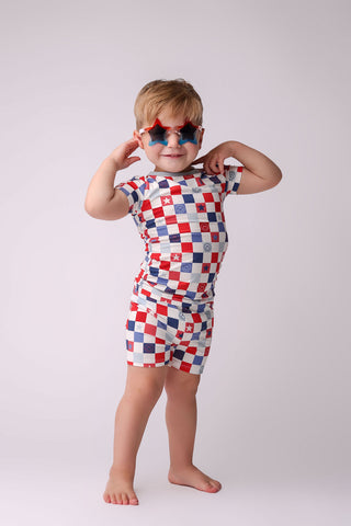 In My Jammers Blue Checkered S/S 2pc PJ Set w/Shorts, In My Jammers, 4th of July, Bamboo, Bamboo Pajamas, Blue Checkered, Fourth of July, In My Jammers, Jammers, Pajamas, Patriotic, Pajamas -